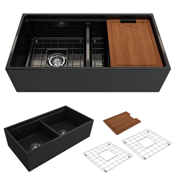 Contempo Apron Front Step Rim Fireclay 36 in. Double Bowl Kitchen Sink with Protective Bottom Grid and Strainer in Matte Black