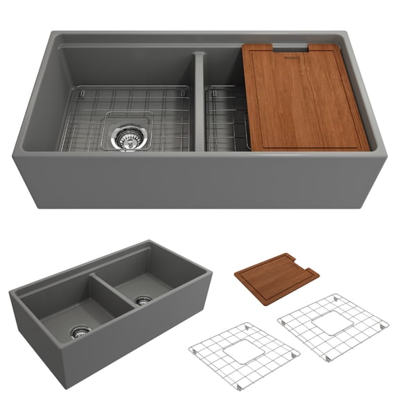 Contempo Apron Front Step Rim Fireclay 36 in. Double Bowl Kitchen Sink with Protective Bottom Grid and Strainer in Matte Gray