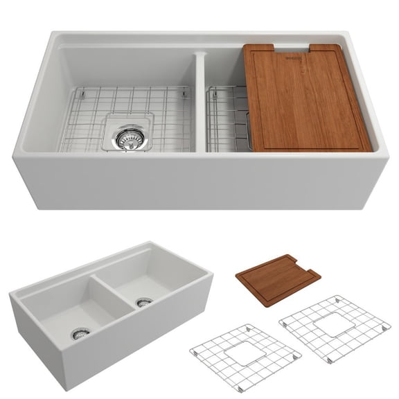 BOCCHI Contempo Apron Front Step Rim Fireclay 36 in. Double Bowl Kitchen Sink with Protective Bottom Grid and Strainer in Matte White
