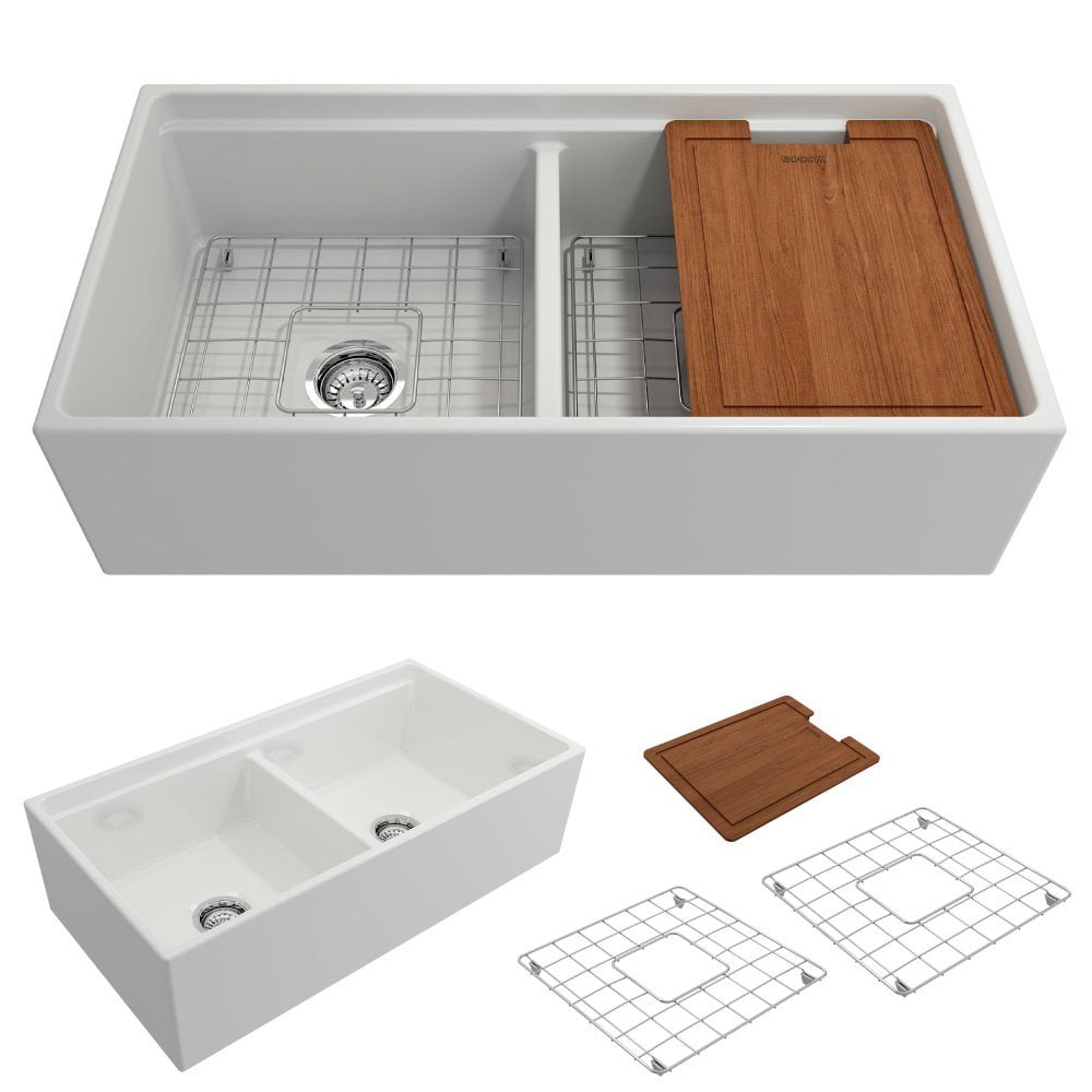 White Fireclay Double Bowl Farmhouse Apron Front Kitchen Sink with Accessories