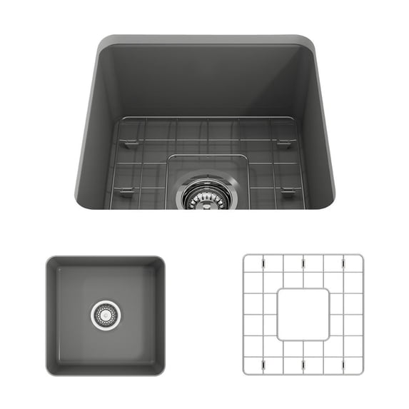 BOCCHI Sotto Undermount Fireclay 18 in. Single Bowl Kitchen Sink with Protective Bottom Grid and Strainer in Matte Dark Gray