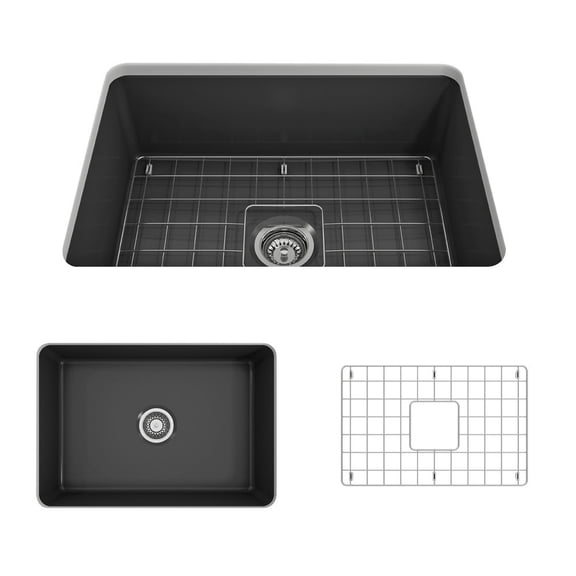 BOCCHI Sotto Undermount Fireclay 27 in. Single Bowl Kitchen Sink with Protective Bottom Grid and Strainer in Matte Dark Gray