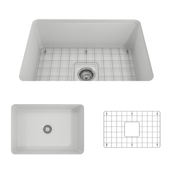 BOCCHI Sotto Undermount Fireclay 27 in. Single Bowl Kitchen Sink with Protective Bottom Grid and Strainer in Matte White
