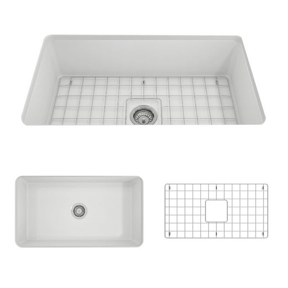 BOCCHI Sotto Undermount Fireclay 32 in. Single Bowl Kitchen Sink with Protective Bottom Grid and Strainer in Matte White