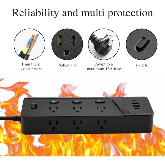 BOCHLON 6ft Extension Cord with MultipleOutlets, Flat Plug Power Plate with Long Cord, 6Ac Outlets,2 USB A(Qc3.0) and 2 USB-C(PD20W) Ports, Home Office Surge Protection (Black)