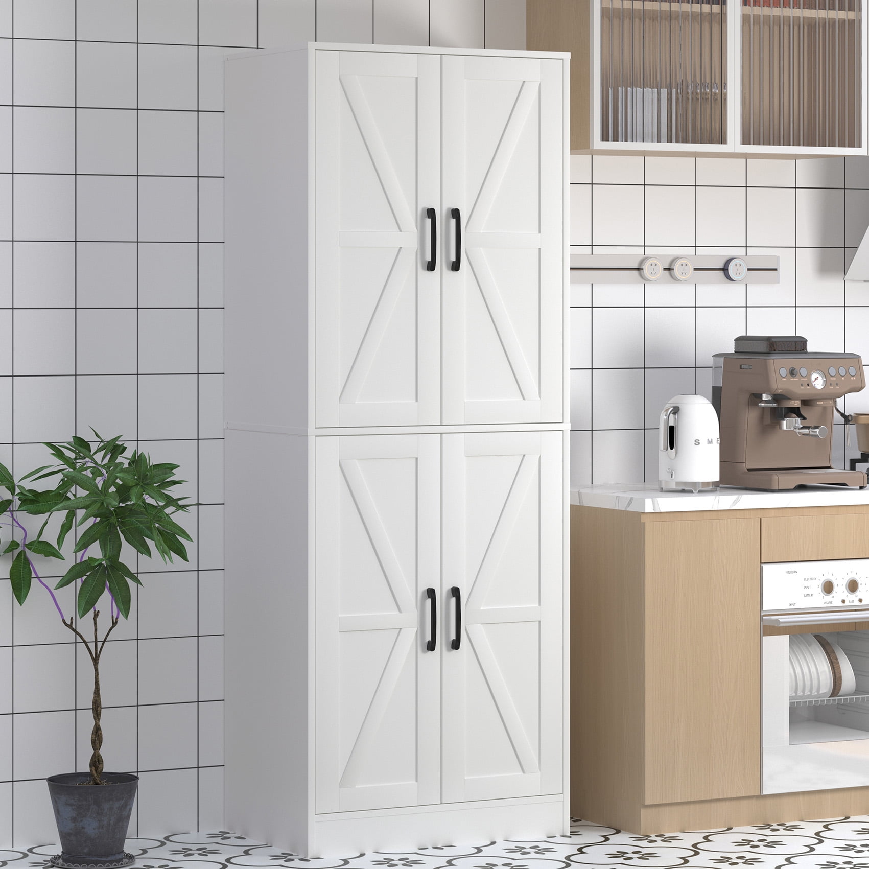 BOCVKENN Kitchen Pantry Cabinet, 67.7" Tall Wood Storage Cabinet with 4 Doors and Shelves Freestanding Cupboard for Dining Room Living Room Bathroom,White
