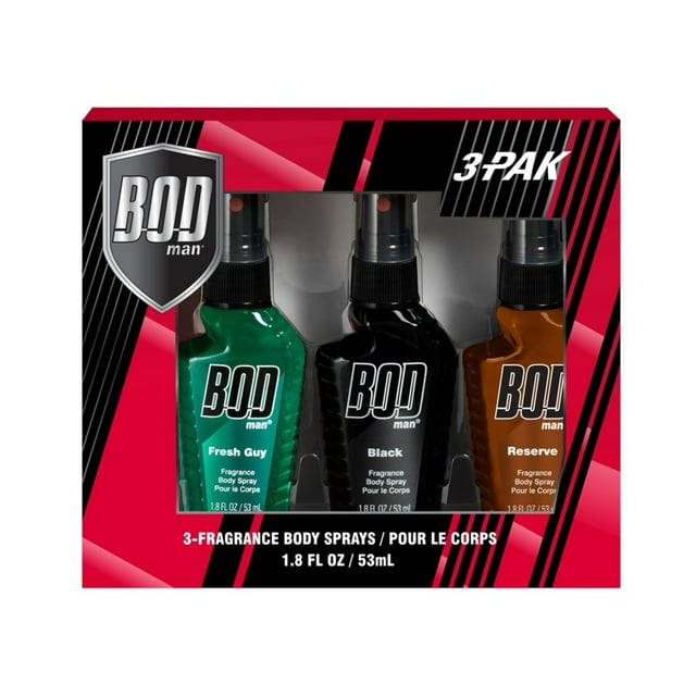 BOD Man Body Spray 3 Piece Gift Set Black, Fresh Guy, Reserve