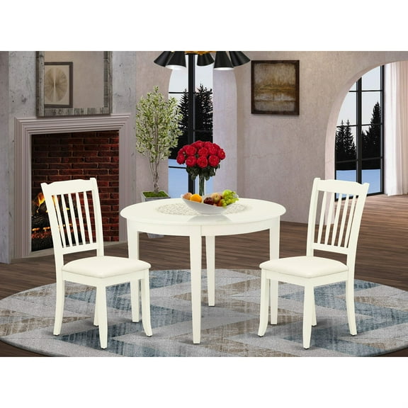 BODA3-WHI-C 3Pc Dinette Set: Asian Wood, White Finish, Rounded Kitchen Table, 2 Microfiber Seat Dining Chairs