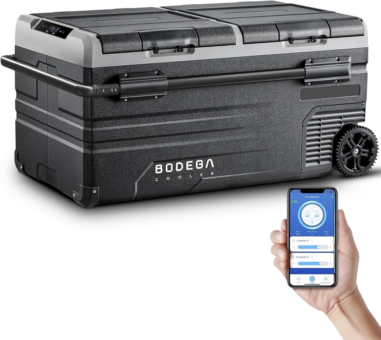 BODEGA 12V Car Refrigerator, 100 Quart Portable Freezer, Dual Zone with WIFI App Control, -4℉ to 68℉, 12/24V DC & 100-240V AC, Ideal for Travel, Camping, RV & Outdoor Use (Black)