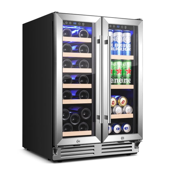 BODEGA 24 Inch Wine Cooler Refrigerator, Dual Zone Beverage Fridge, Freestanding Wine Fridge, Under Counter Beverage Cooler With Glass Door Hold 20 Bottles and 62 Cans