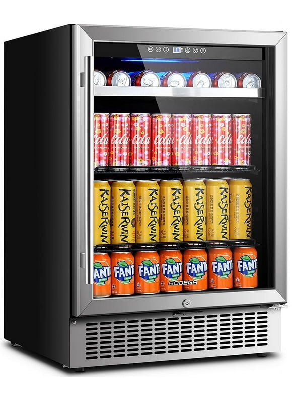 BODEGA 24 Inch Beverage Refrigerator 180 Cans Built-in & Freestanding with Removable Shelves and Dual Layer Glass Door, Under Counter Fridge with Touch Screen, Safety Lock for Beer Soda Water