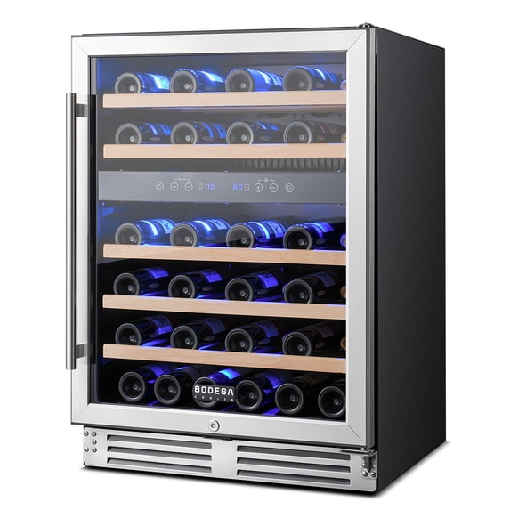 BODEGA 24 Inch Dual Zone Wine Cooler, 46 Bottle Wine Fridge, Built-in or Freestanding Wine Refrigerator with Glass Door, LED Control, Stainless Steel