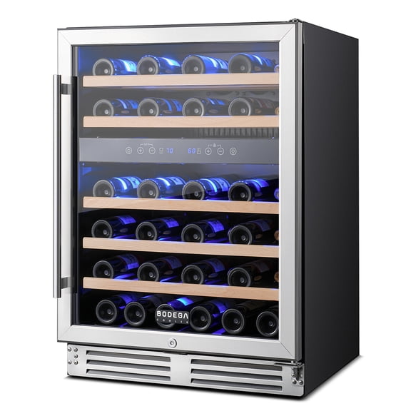 BODEGA 24 Inch Dual Zone Wine Cooler Refrigerator, 46 Bottle Wine Fridge with Double-Layer Glass Door, Digital Touch Temperature Control, Built-In or Freestanding Wine Cooler for Home