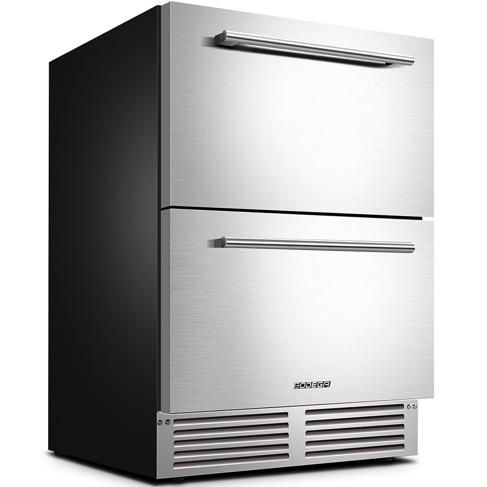 BODEGACOOLER 24in Double Drawer Beverage Refrigerator 149 Cans with Temperature Adjustment for Under Counter Built-in & Freestanding, Weather Proof Dual Zone Wine Cooler Fridge Indoor and Outdoor