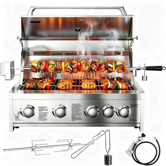 BODEGA 30 Inch Built-In Gas Grill, 5 Burner Stainless Steel BBQ Grill Island Head, 58,000 BTU Propane/Natural Gas Convertible Outdoor Kitchen Grill with BBQ Tool Set
