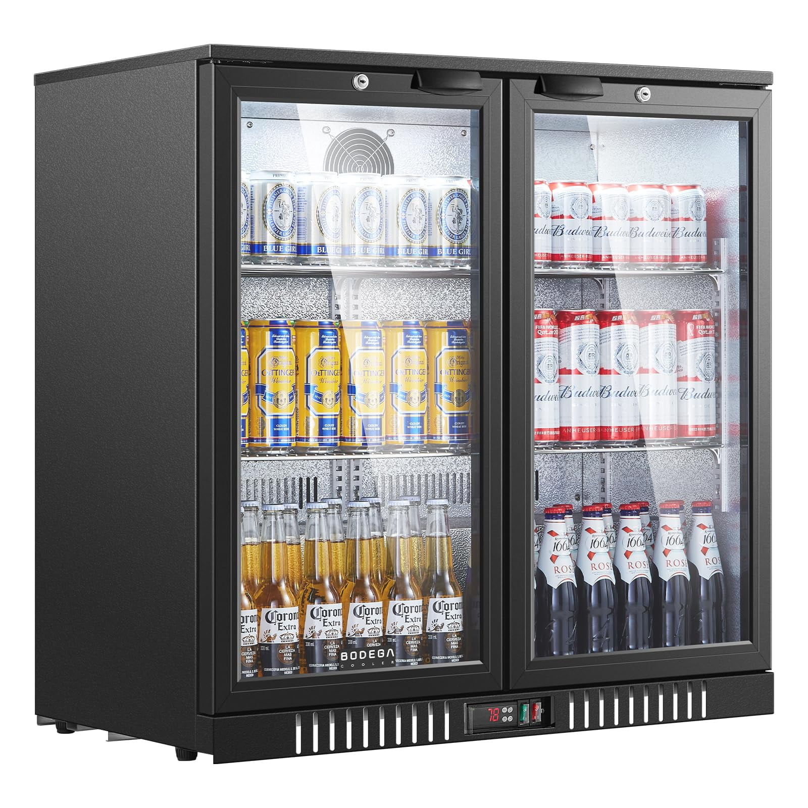 BODEGA 35.4 Inch Under Counter Beverage Refrigerator  2 Door Back Bar Cooler Dual Zone 32–50°F, 7.4 cu.ft Built-in or Freestanding Glass Door Fridge with LED Lighting