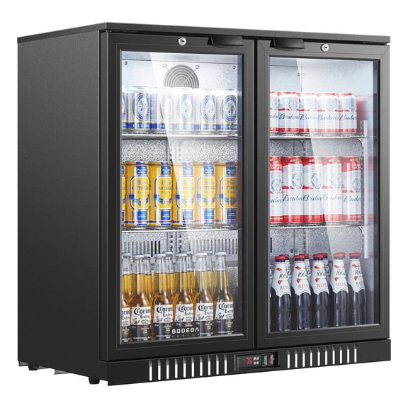 BODEGA 35.4 Inch Under Counter Beverage Refrigerator  2 Door Back Bar Cooler Dual Zone 3250F, 7.4 cu.ft Built-in or Freestanding Glass Door Fridge with LED Lighting
