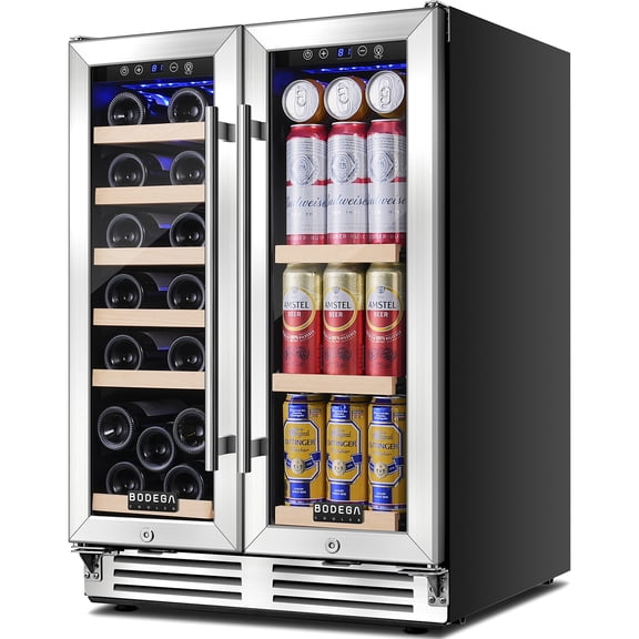 BODEGA Wine and Beverage Refrigerator, 24 Inch Dual Zone Wine Cooler, Freestanding or Under Counter Wine Fridge Hold 20 Bottles and 62 Cans