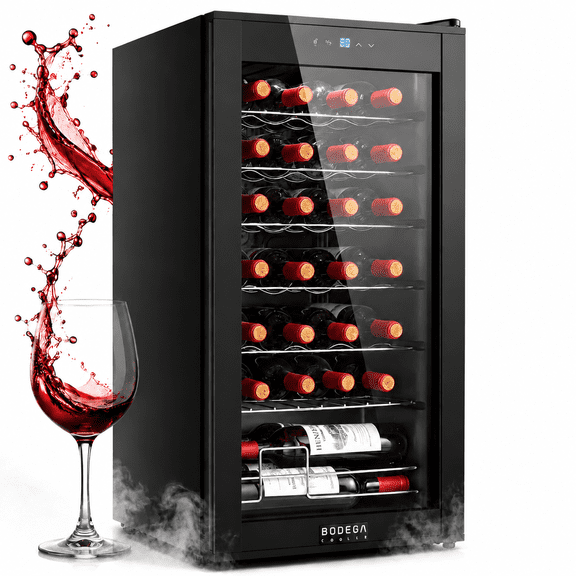 BODEGACOOLER 28 Bottle Compressor Wine Cooler, Freestanding Mini Fridge for Home Kitchen Bar, Digital Touchscreen & LED Display, Split Storage for Red & White Wines, Matte Black