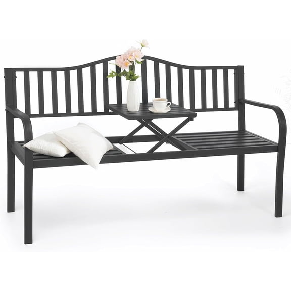 BODIOO Outdoor Metal Garden Bench 59" Patio Bench with Built in Table Park Bench, Outside Bench Weather Proof Front Porch Bench, 500lbs