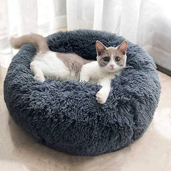 BODISEINT Modern Soft Plush Round Pet Bed for Cats or Small Dogs, Mini Medium Sized Dog Cat Bed Self Warming Autumn Winter Indoor Snooze Sleeping Cozy Kitty Teddy Kennel (S(19.7”Dx7.9 H, Dark Grey)