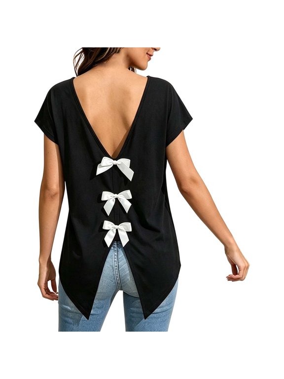 Women's Open Back Top with Deep V Back Three Bow Details Short Sleeves and Split Hem Lightweight Breathable Going Out Summer Casual Shirt Black XL