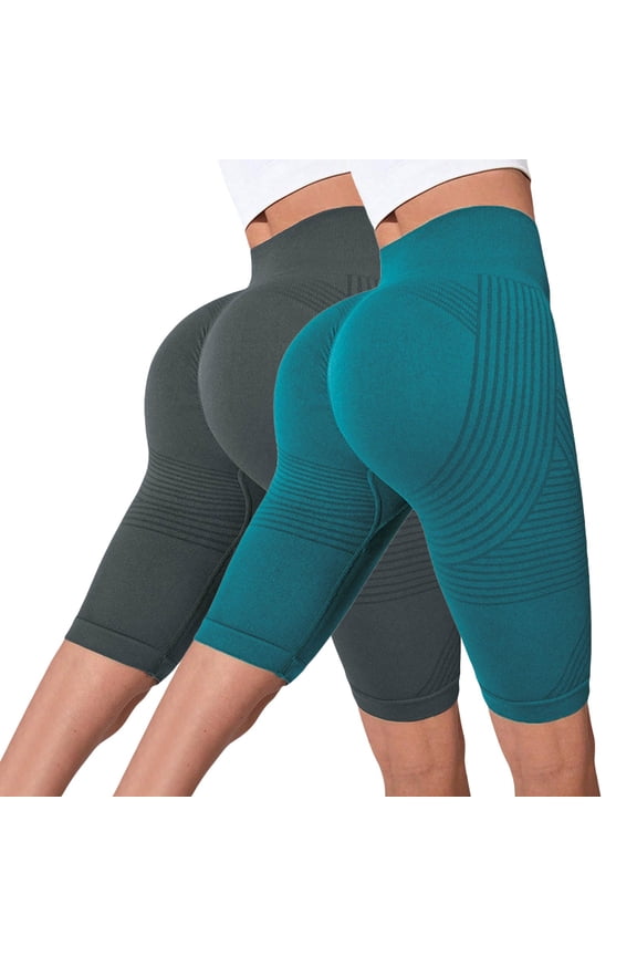 2 Pack Biker Yoga Shorts for Women,High Waisted Athletic Running Workout Gym Knee Length Shorts Tummy Control Hip Lifting Fitness Pants Compression and Tight Fit Yoga Short Blackish Green M