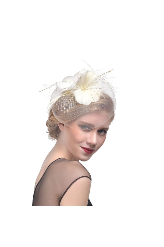 2026 Fascinators Hats for Women Cocktail Tea Party for Women Vintage Lace Headwear with Bow Hat for Bridesmaids Elegant Hat Cruise Fascinator Hat with Feather Photoshoot Fascinator Beige