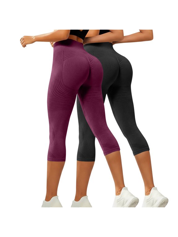2PC Women's Capri Leggings High Waisted Seamless Butt Lifting Scrunch Tummy Control Compression Stretch Workout Athletic Yoga Gym Fitness Running Training Cropped Wine XL