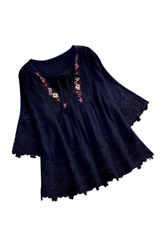 3/4 Length Sleeve Women's Boho Tops Summer Casual Cotton Linen Mexican Embroidered Shirts Plus Size Flowy Lace Tunic Peasant Blouses Navy 3XL
