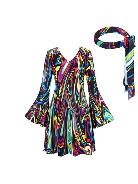 70s Disco Costume for Women Bell Sleeve Retro Mini Dress with Headband Vintage 1970s Hippie Disco Outfit for Halloween Cosplay Theme Party Dance Multiple Colors Brown S