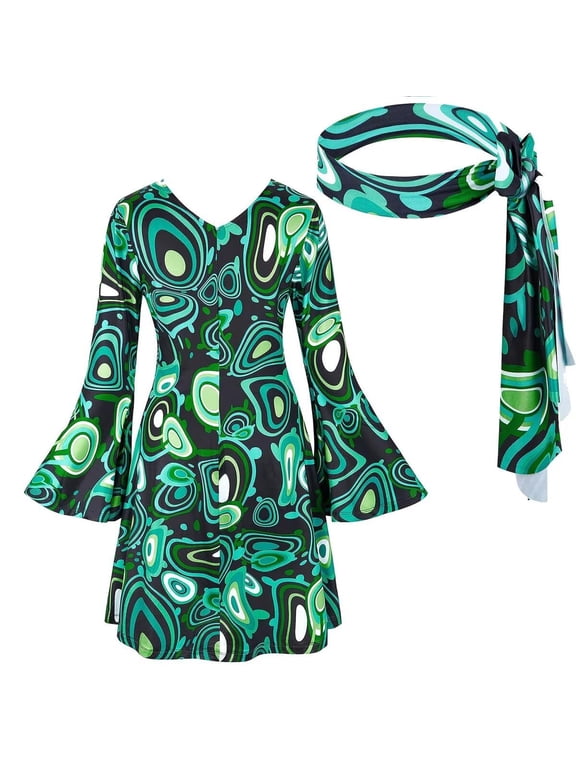 70s Disco Costume for Women Bell Sleeve Retro Mini Dress with Headband Vintage 1970s Hippie Disco Outfit for Halloween Cosplay Theme Party Dance Multiple Colors Green L