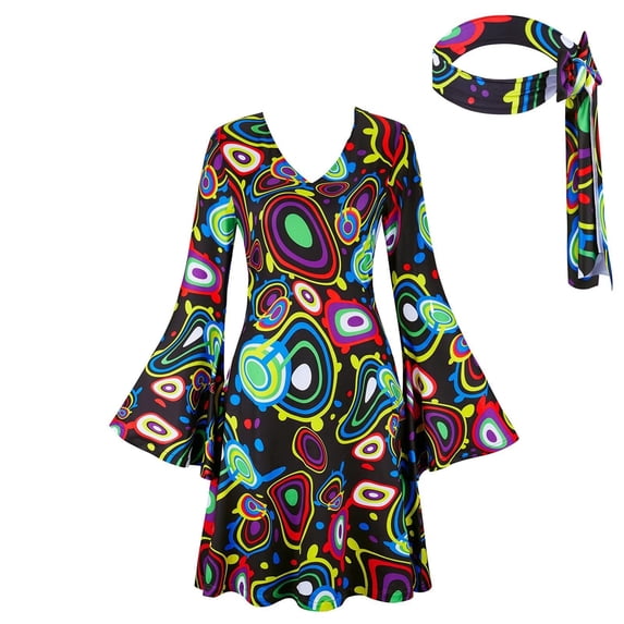 BODOAO 70s Disco Costume for Women Bell Sleeve Retro Mini Dress with Headband Vintage 1970s Hippie Disco Outfit for Halloween Cosplay Theme Party Dance Multiple Colors Black M