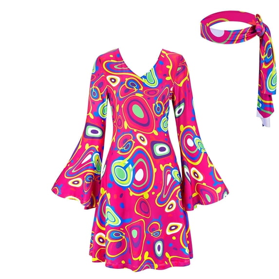 BODOAO 70s Disco Costume for Women Bell Sleeve Retro Mini Dress with Headband Vintage 1970s Hippie Disco Outfit for Halloween Cosplay Theme Party Dance Multiple Colors Hot Pink S