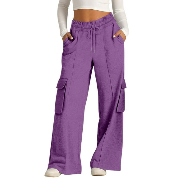 BODOAO Baggy Cargo Sweatpants for Women Wide Leg Sweatpants Gym Cargo Sweats Lounge Palazzo Sweat Pants Athletic Joggers Fashion Solid Color Waist Wide Leg Casual Pants with Pants Purple S
