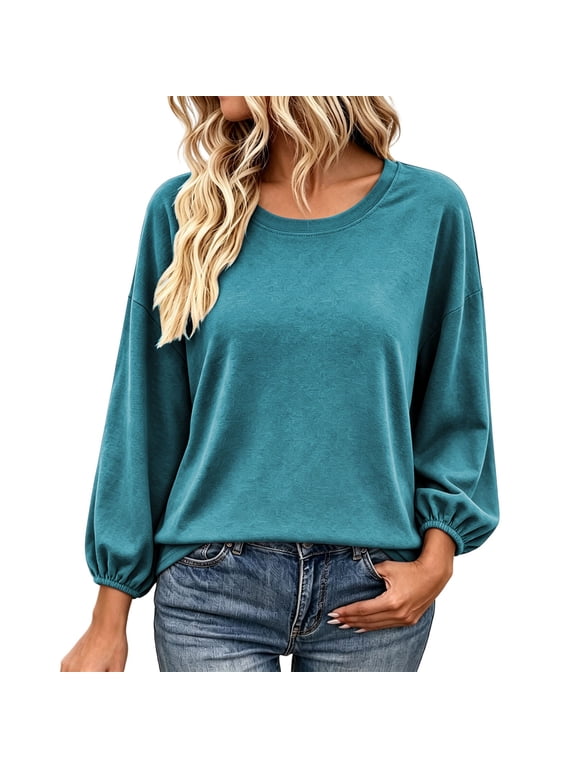 Balloon Sleeve Crewneck Tops for Women, Drop Shoulder Relaxed Fit Solid Blouse with Elastic Smocked Cuffs, Soft Loose Long Sleeve Shirt for Everyday Casual Mint Green M