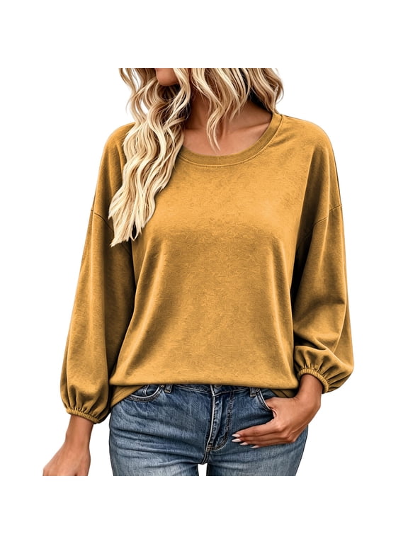 Balloon Sleeve Crewneck Tops for Women, Drop Shoulder Relaxed Fit Solid Blouse with Elastic Smocked Cuffs, Soft Loose Long Sleeve Shirt for Everyday Casual Yellow S