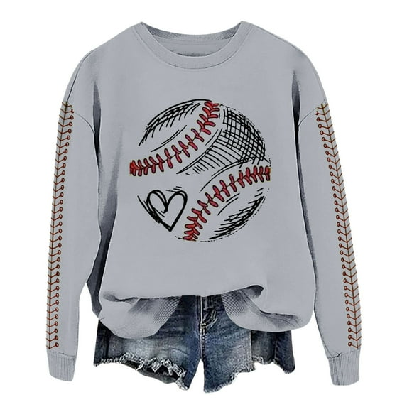 BODOAO Baseball Mom Sweatshirt for Women Men Game Day Pullover Shirts Softball Sport Fan Lovers Gifts White Casual Long Sleeve Tops Holiday Tee Spring Baseball Print Crew Neck Loose Casual Top Grey L
