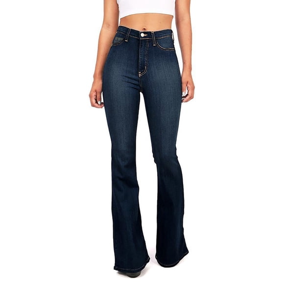 BODOAO Bell Bottom Jeans for Women Plus Size Ripped Flare Jeans Denim Wide Leg Stretchy Bootcut Jeans with Pockets Jeans Pants Polyester High Waist Button Daily Woman Dark blue M