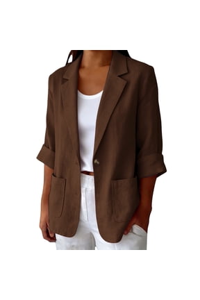 Blazers for Women Linen Blend Three Quarter Rolled Sleeve Open Front Jacket with Notched Lapel, Single Button Patch Pockets for Work Office Business Casual Outfits Brown L