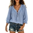 thumbnail image 1 of BODOAO Boho Peasant Blouse for Women, Ruffle V Neck Lace Up Front Top with 3/4 Balloon Sleeves, Textured Flowy Loose Fit Shirt for Summer Beach Vacation and Weekend Outfits Light Blue L, 1 of 5