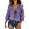 thumbnail image 1 of BODOAO Boho Peasant Blouse for Women, Ruffle V Neck Lace Up Front Top with 3/4 Balloon Sleeves, Textured Flowy Loose Fit Shirt for Summer Beach Vacation and Weekend Outfits Purple S, 1 of 5