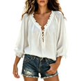 thumbnail image 1 of BODOAO Boho Peasant Blouse for Women, Ruffle V Neck Lace Up Front Top with 3/4 Balloon Sleeves, Textured Flowy Loose Fit Shirt for Summer Beach Vacation and Weekend Outfits White 2XL, 1 of 5