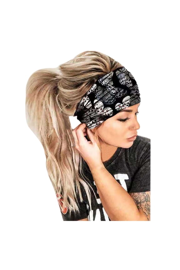 Boho Wide Headbands for Women Cute Butterfly Printed Elastic Non Slip Soft Head Wraps Fashion Hair Accessories for Yoga Workout Gym Running Makeup Washing Face Black One Size