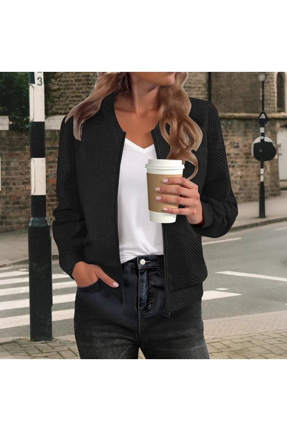 Bomber Jacket Women Textured Lightweight Zip Up Jackets Casual Stand Collar Zipper Coat Fall Outerwear Top,Long Sleeve Coat Knitted Jacquard Short Outwear with Pockets,Zip Up Sweatshirts