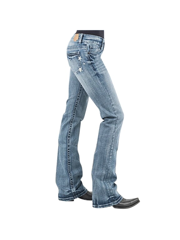 Bootcut Jeans for Women Embroidered Denim Pants with Star Detail Mid Rise Waist Five Pocket Slim Fit Through Thigh Flared Leg Casual Western Style Jeans Light Blue S