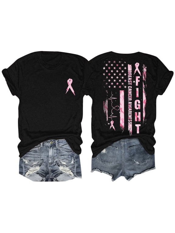Breast Cancer Awareness Shirt Women Short Sleeve Pink Ribbon American Flag FIGHT Graphic Tee Front Back Print Top Inspirational Gift Pink Ribbon Tee Shirt for Women Survivor Black S