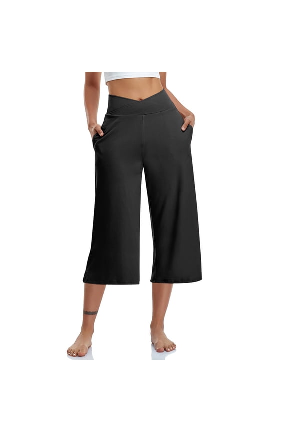 Capri Pants for Women Summer Casual Elastic Waist Wide Leg Cropped Trousers with Pockets Plus Size Tummy Control Yoga Capris Yoga Stretch High Waisted Yoga Leggings Comfy Pants Black 3Xl