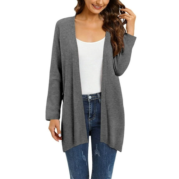 BODOAO Cardigans for Women Trendy 2025 Lightweight Long Sleeve Open Front Coatigan Sweater Casual Ladies Coats Fall Fashion Clothes for Every Occasion Cotton Linen Cardigan Summer Chic Dark Gray M