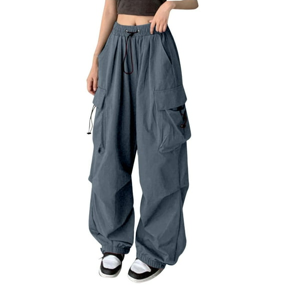 BODOAO Cargo Pants for Women High Waist Baggy Casual Parachute Trousers Loose Fit Y2K Streetwear with Multi Pockets Baggy Wide Leg Jogging Bottoms Oversized Track Pants Parachute Trousers Grey S